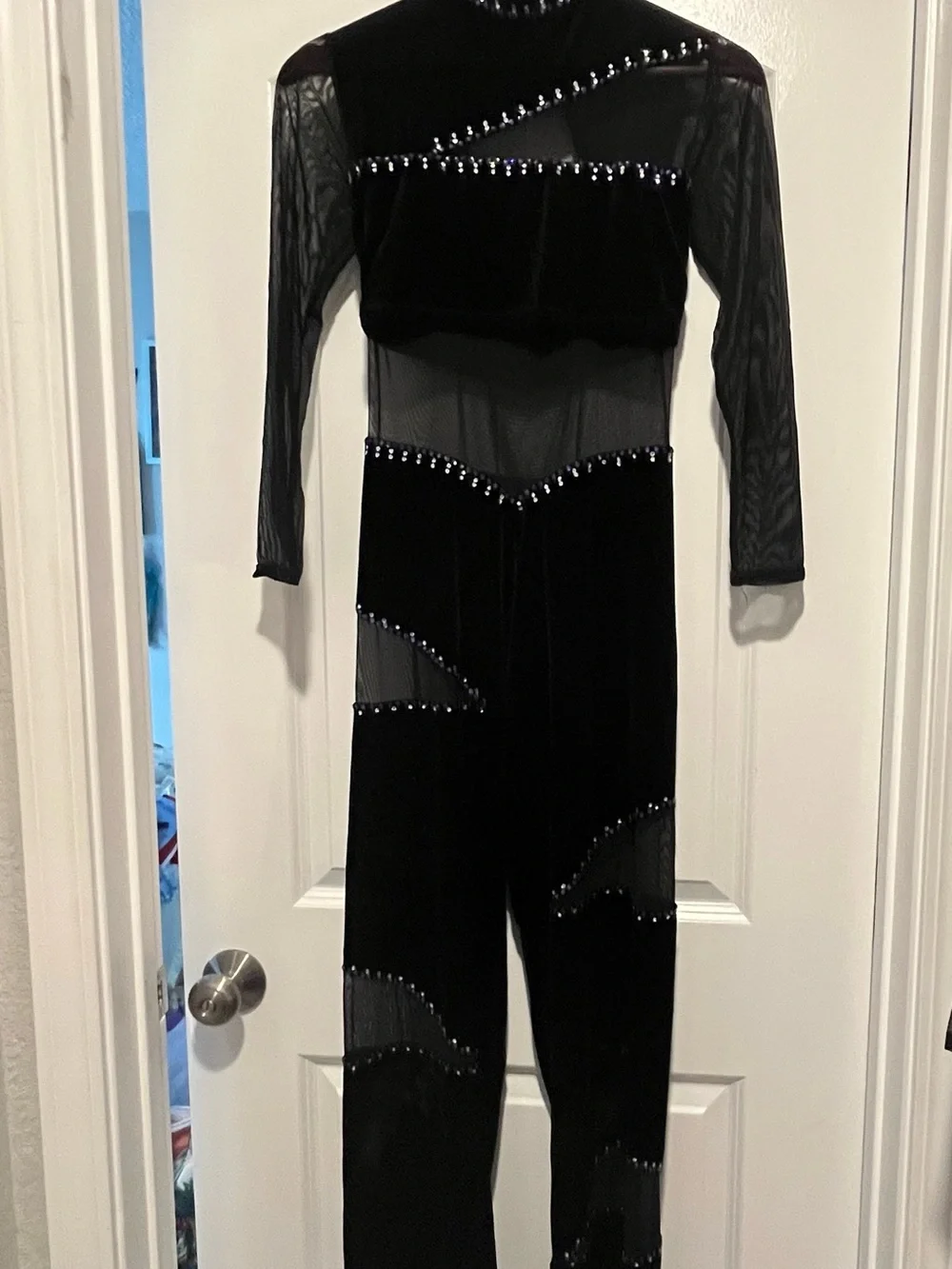 Custom Jazz Costume - Black Velvet Jumpsuit Trimmed in Purple Swarvoski Crystals